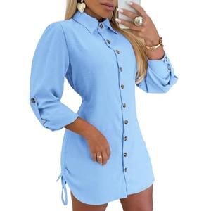 CHICME Women Shirt Dress Long Sleeve Button Down Lighted Blue Blouses Side Drawstring Mini Dresses Lighted Blue-XL