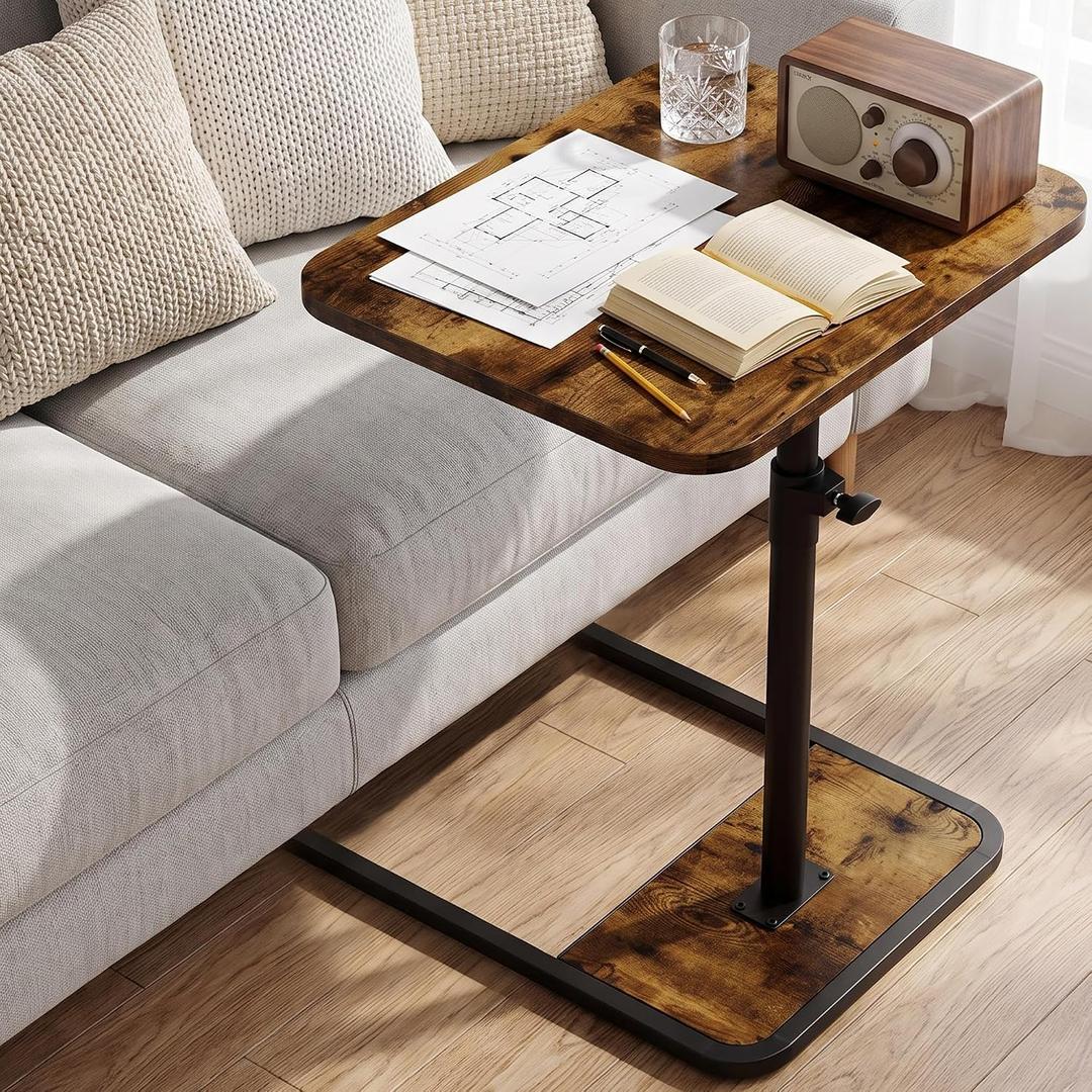 GOYLSER Large C-Shaped Tables Small Swivel End Table, Height Adjustable Side Tables Living Room, Rotating Snack Couch Wooden Tv Trays for Eating On Couch, Rustic Brown, Enlarged C Table（18.7" x 15.7"）
