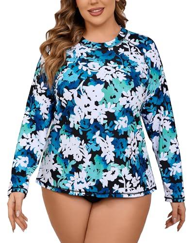 Halcurt Womens Plus Size Long Sleeve Rash Guard Swim Top with Built in Bra Loose Fit UPF50+ Sun Protection Swimsuit Blue Green White Floral 4X Halcurt Womens Plus Size Long Sleeve Rash Guard Swim Top with Built in Bra Loose Fit UPF50+ Sun Protection Swimsuit Blue Green White Floral 4X