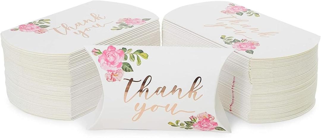 Sparkle and Bash 100pcs Floral Pillow Boxes, 5" x 3.5" Thank You Treat Box for Wedding Party Favors, Candy, Small Gifts (['Rose Gold'])