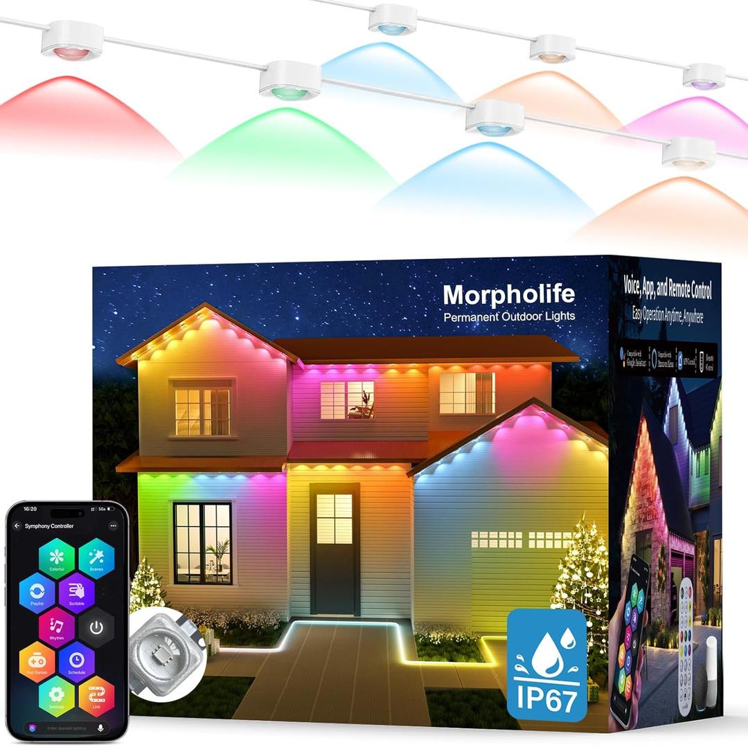 Permanent Outdoor Lights - 100FT Smart AI RGB+IC LED with 72 Lights, IP67 Waterproof, 75+ Scene Modes, Alexa/Google/Remote Control Enabled, DIY Music Sync for Christmas, Holiday & Home Decor, White