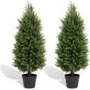 3ft Artificial Cedar Topiary Trees Set of 2  UV Resistant Outdoor Faux Plants, Fake Evergreen Bushes & Shrubs for Porch Patio Front Door Outside Planter Decor
