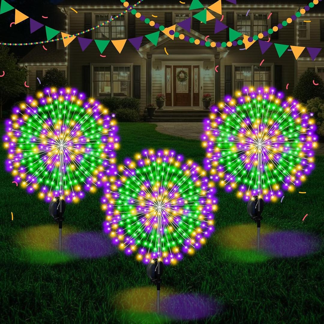 3 Pack Mardi Gras Solar Firework Lights 120 LED 8 Modes Waterproof Multicolor Mardi Gras Solar Stake Lights Outdoor Landscape Lamp for Garden Yard Patio Pathway Lawn Carnival Decoration