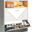 Aheaplus Shoe Cabinet with Flip Doors, Shoes Storage Organizer with Motion Sensor Led Light, Entryway Wood Freestanding Tipping Bucket Shoe Rack with Open Shelves for Closet, Living Room, Grey&White