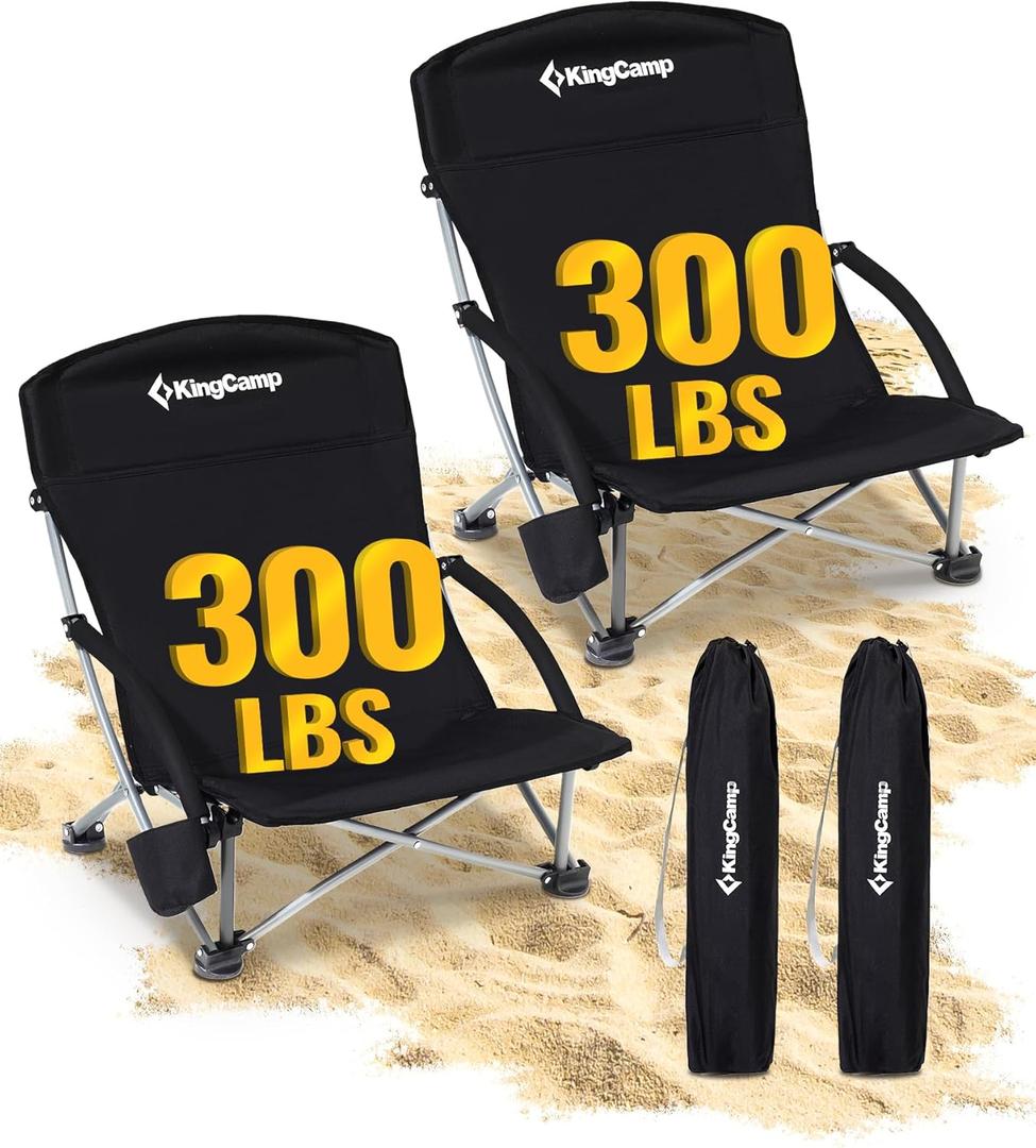 KingCamp Low Beach Chairs, Portable Folding Chair for Adults Extra Wide Ergonomic High Back Seat 300lbs Heavy Duty Lightweight Oversized Gear with Carry Bag for Outdoor Lawn Camping Picnic (Ergosolid C Black 2pcs)