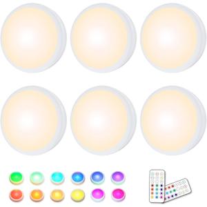 HELPLEX LED Puck Lights with Remote, 6 Pack Color Changing RGBW Stick-On Light, Battery Powered, Dimmable Under Cabinet Lighting with Timer & Memory, Wireless Push Lights for Kitchen & Closet