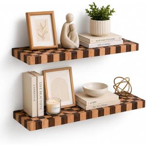 Floating Shelves for Wall, 24 Inch Solid Wood Checkered Wall Shelves, 24inch, 2Packs