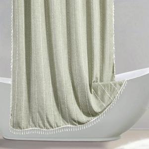 RoomTalks Green Modern Farmhouse Shower Curtain Extra Long 84 Inches, Country Cottage Bathroom Decor Striped Spring Boho Chic Texture Linen Bohemian Bathroom Shower Curtain Set with Hooks