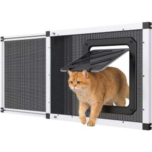 Bug-Proof Screen Cat Door for Window,28.5"-32" Adjustable Width,1-Min Install | Stainless Steel Mesh + Aluminum Frame | Ventilated | Magnetic Closure Sliding Pet Door Window Insert for Cats