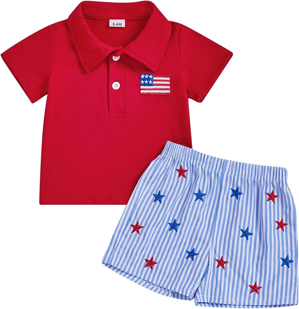 Kayotuas 4th of July Baby Boy Outfit Toddler USA Flag Polo Shirts Gingham Plaid/Stripes Shorts Set Independence Day Clothes (Red)