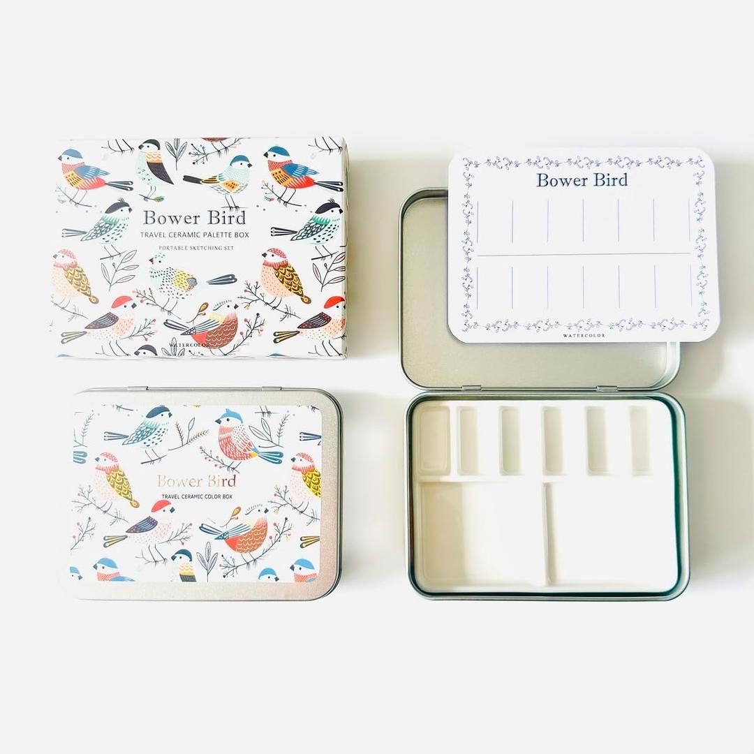 Bower Bird Travel Ceramic Watercolor Palette with 12-Well Porcelain Mixing Tray & Metal Tin Box - Portable Art Kit for Gouache, Studio & Outdoor Painting (8Well)