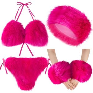 Ramede 4 Pcs Women's Faux Fur Bikini Bra Top Fur Headband Wrist Cuffs Bikini Panties Set Furry Suits for Women Swimsuits, One Size