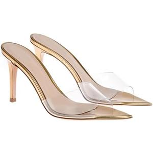 Women'S Clear Pointed Open Toe Stiletto Heel Slide Sandals Fashion Sexy Slip On Transparent Strap High Heels Mules Summer Backless Party Wedding Prom Dress Shoes (8, Gold)