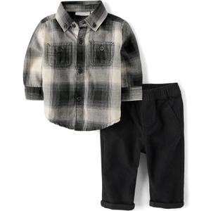 The Children's Place, Baby Boys, And Newborn Long Sleeve Dress Shirt and Pants 2-piece Set, Black Plaid Set, 12-18 Months