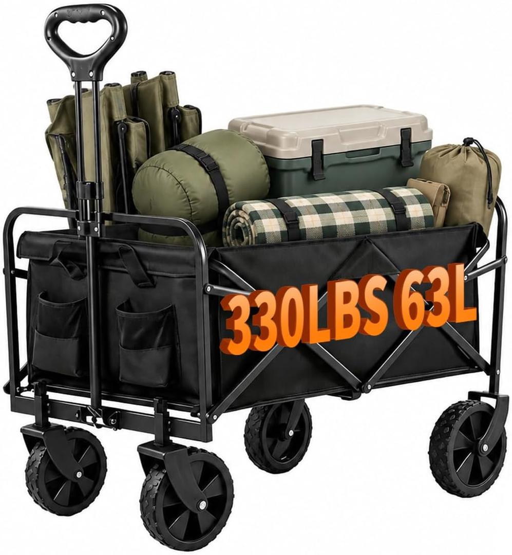 Compact Folding Wagon Cart, Collapsible Utility Wagon with Side Pockets
Portable Design, 330 lb Max Load for Groceries, Garden, Park, Sports & Everyday Hauling