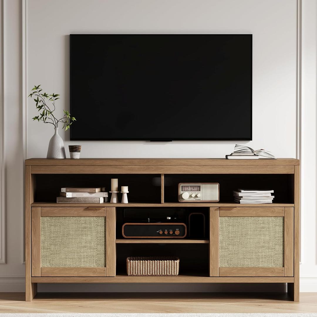 GarveeHome Rattan TV Stand with Storage Place for Living Room, Brown TV Console Cabinet with Shelf, 58 in Entertainment Center Media Console for 45 55 65 in TV, 30 in Tall Oak Wood Television Stands