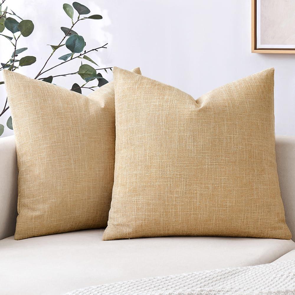 MIULEE Pack of 2 Tan Faux Linen Throw Pillow Covers Square Rustic Farmhouse Decorative Burlap Pillowcases Cushion Covers for Couch Bed Sofa Living Room 18x18 Inch (18" x 18" (Pack of 2))
