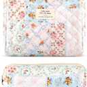 2Pcs Quilted Cotton Makeup Bag Large Travel Makeup Pouch Small Brush Holder Set for Women Cute Floral Coquette Makeup Bag Aesthetic Cosmetic Bag Flower Bee Toiletry Organizer Storage Bag Zipper Pouch