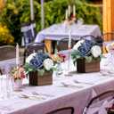 Dining Table Centerpiece Set of 6 - Pre-Made Aritifial Rose with Wooden Vase Fake Floral Arrangment Faux Flower for Wedding Bridal Tea Party Event Decorations - Navy Blue & White