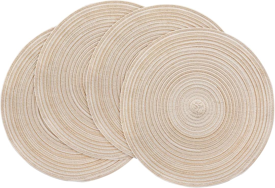4 x Floroom 15 Inch Round Braided Placemats Set of 4, Washable Heat Resistant Cotton Polyester Circle Place Mats for Kitchen Dining Table - Canvas Beige