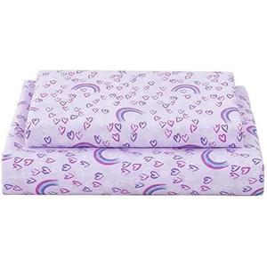 Softan Kids Bed Sheet Set, 4-Piece Full Size Sheets, Microfiber Fitted Sheet with 15 Inches Deep Pocket and Corner Straps, Breathable & Silky Soft Purple Love Rainbow Pattern Sheet and Pillowcase Sets