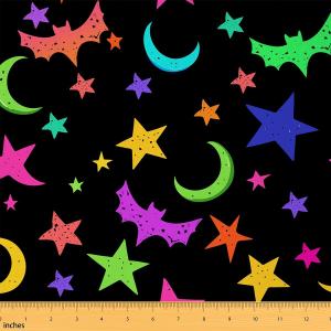 Halloween Fabric by The Yard, Cartoon Bat Upholstery, Moon Star Galaxy Indoor/Outdoor, Spooky Themed Waterproof Decorative Fabric for Quilting, Sewing, DIY Gifts, 2 Yards, Colorful (Multi 061)