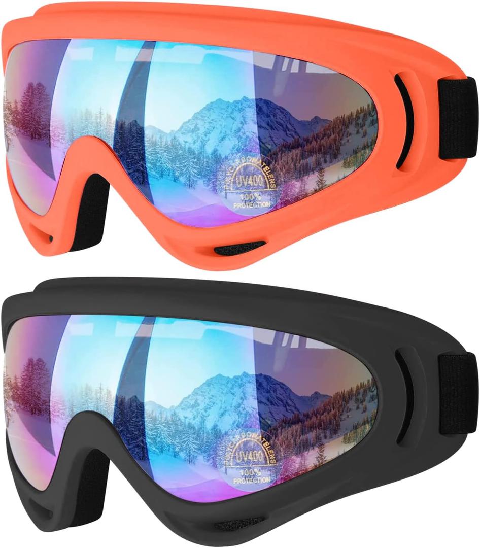 COOLOO Ski Goggles, 2 Pack Snow Goggles Snowboard Goggles for Men Women Kids - UV Protection Foam Anti-Scratch Dustproof (One Size, 09.black/Orange)