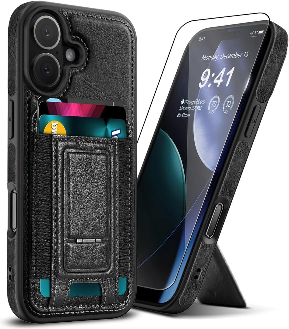 for iPhone 17 Leather Case, Wallet Case with Card Holder (3 Cards) & Kickstand, Slim Protective Cover with Stand for iPhone 17 6.3"Black