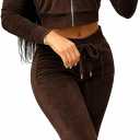 yidengymx Womens Velour Tracksuit Two Piece Outfits for Women Long Sleeve Hooded Zip Crop Tops Flared Pants Set (Hoodie/Wide Leg Pants-brown) XL