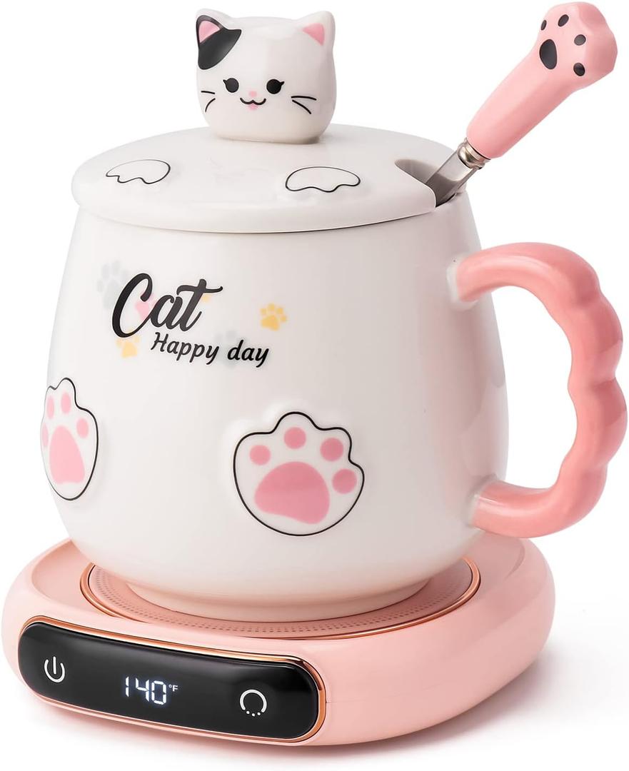 Bgbg Coffee Mug Warmer & Cute Cat Mug Set, Beverage Cup Warmer for Desk Home Office with Three Temperature Up to 140/ 60, Coffee Warmer for Cocoa Milk Tea Water Candle, 8 Hours Auto Shut Off