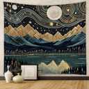 Tapzen Mountain Forest Boho Landscape Moon Stars Tapestry for Bedroom & Living Room (60 x 40 inches) (Black)