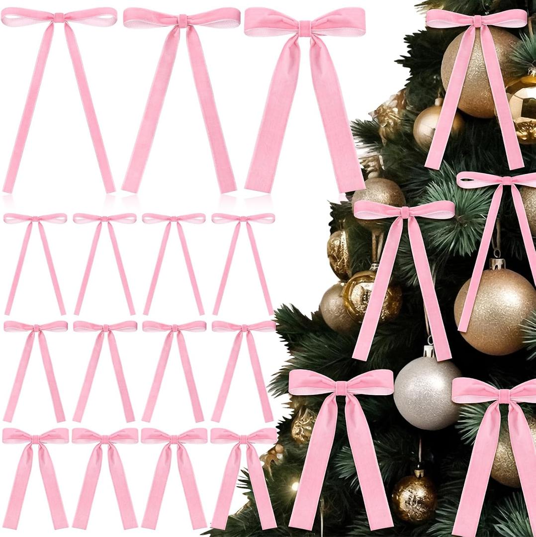 4 x 36 Pcs Velvet Christmas Wreath Bow Bulk Christma Velvet Bow Vintage Ribbon Bows Xmas Tree Bows for Christmas Autumn Garland Wedding Decoration 3 Size Width of 3/8'' 5/8'' 1'' (Pink)