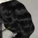 MISSQUEEN 18 Inch Short Wavy Black Wig for Women Medium Length Black Bob Style Synthetic Heat-resistant Natural Realistic Lace Hairline Black Hair Wig for Everyday Hairstyle Cosplay Party Use