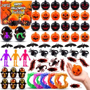 144 Pcs Halloween Party Favors - 24 Pack Prefilled Pumpkin with Toys & Treats for Kids, Goodie Bag Stuffers & Classroom Prizes