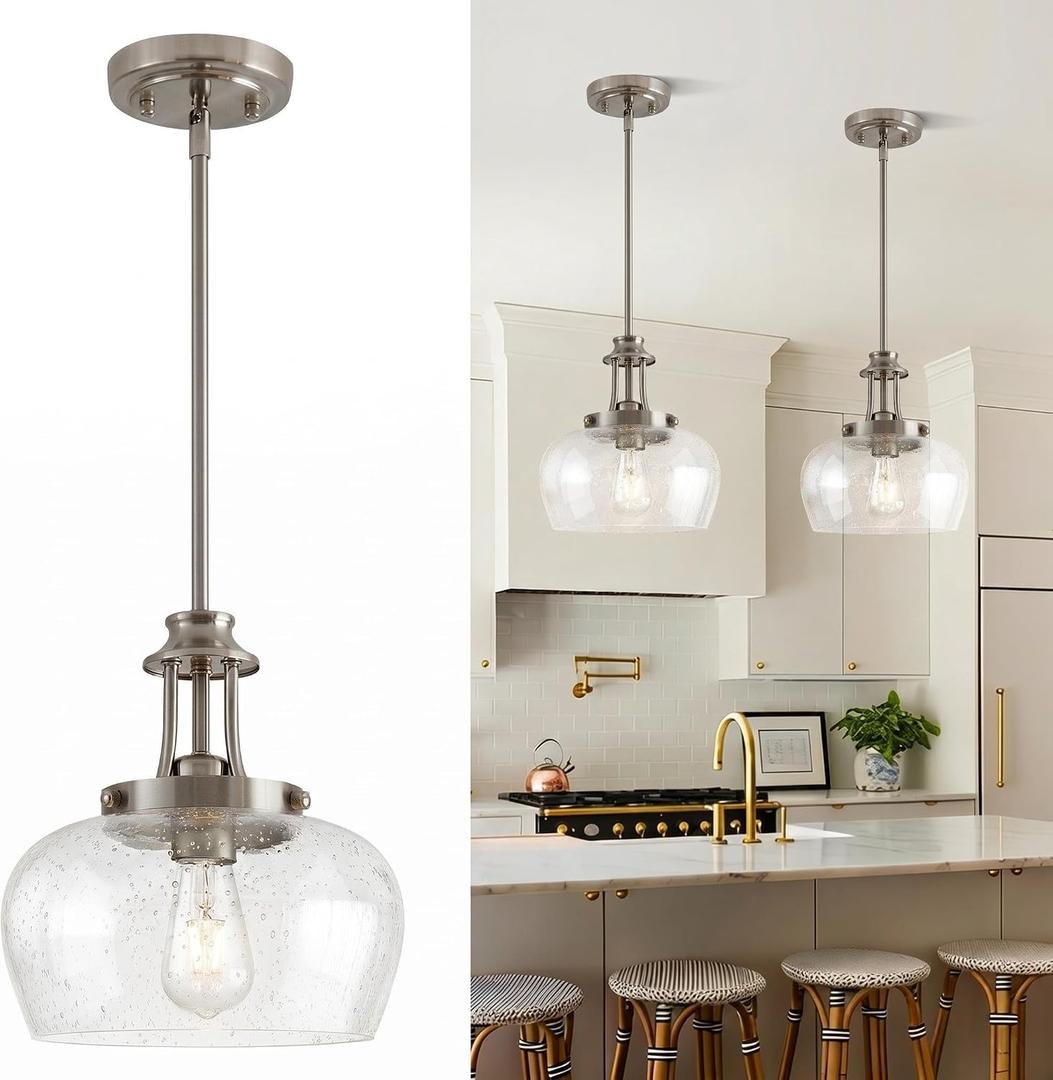 Modern Pendant Lights Kitchen Island, Brushed Nickel Pendant Light Fixtures with 10" Clear Air Bubble Glass Shade, Industrial Hanging Pendant Lights Fixture for Kitchen Island Dining Room Entryway