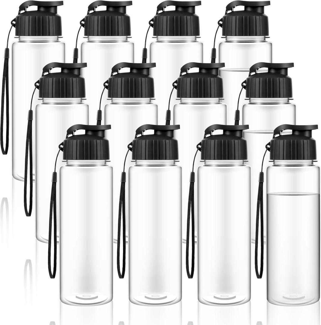 Olgaa 12 Pack Water Bottles Bulk 17 oz End of the Year Gifts for Students Kids from Teacher Reusable Leak Portable Plastic Sports Summer Drink Water Bottles with Handle Strap for Cycling Camping (Black)