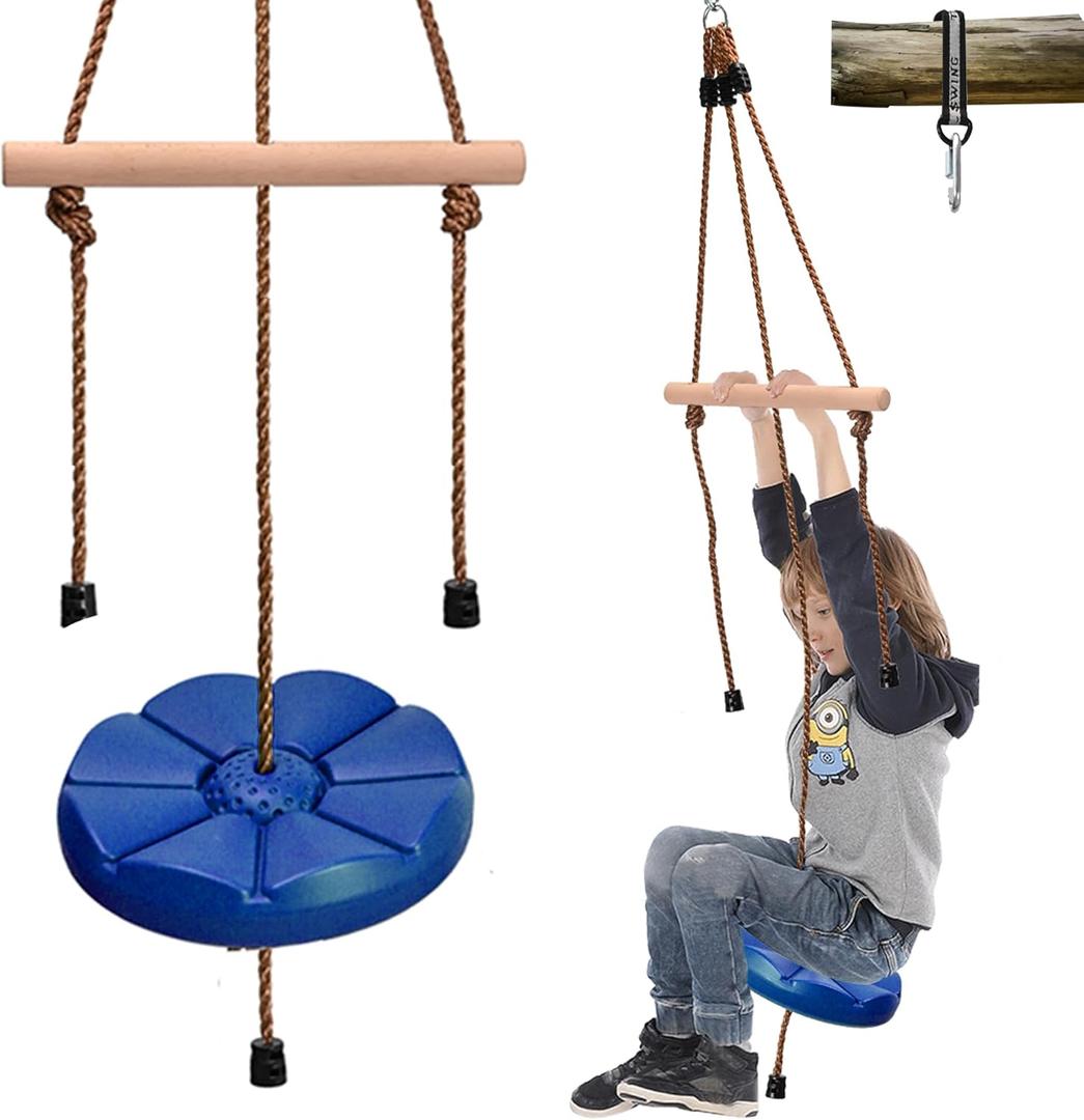 Blue Disc Swing for Kids with Monkey Bars, Replacement Swing for Swing Set for Backyard/Tree/Zipline, Green Disk Swing Seat with 5ft Adjustable Rope, Carabiner and 22in Strap