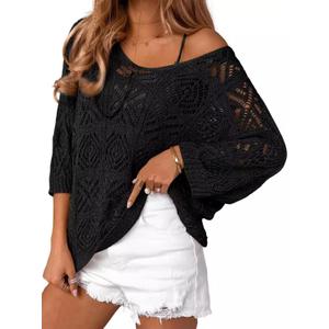 Beautiful Nomad Women's Summer Crochet Pullover Sweater Hollow Out 3/4 Sleeve Off Shoulder Boho Cover Up Tops Black (Black), Medium