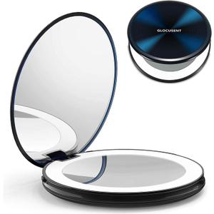 GLOLUSENT Lighted Travel Makeup Mirror, 1x/10x Magnification, Compact, Portable for Handbag, Purse, Pocket, 3.5 inch Illuminated, Folding, Handheld, 2-Sided, Round, Dark Blue