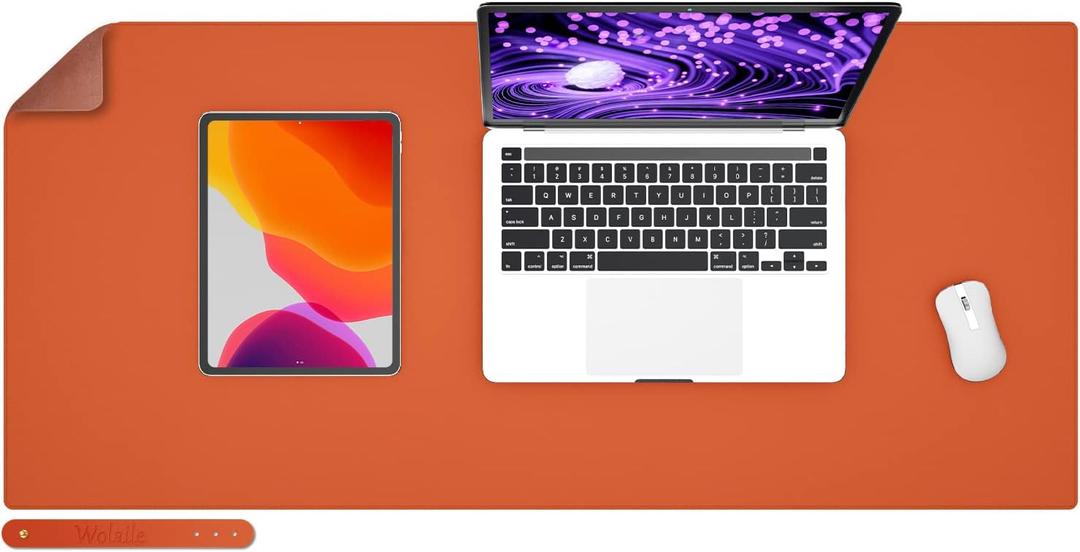 Leather Desk Pad Blotter,Wolaile 36x17 inch Big Keyboard Mouse Pad,Waterproof Non-Slip Writing Desk Computer Mat Desktop Protector for Office Home,Ivory White (Orange)