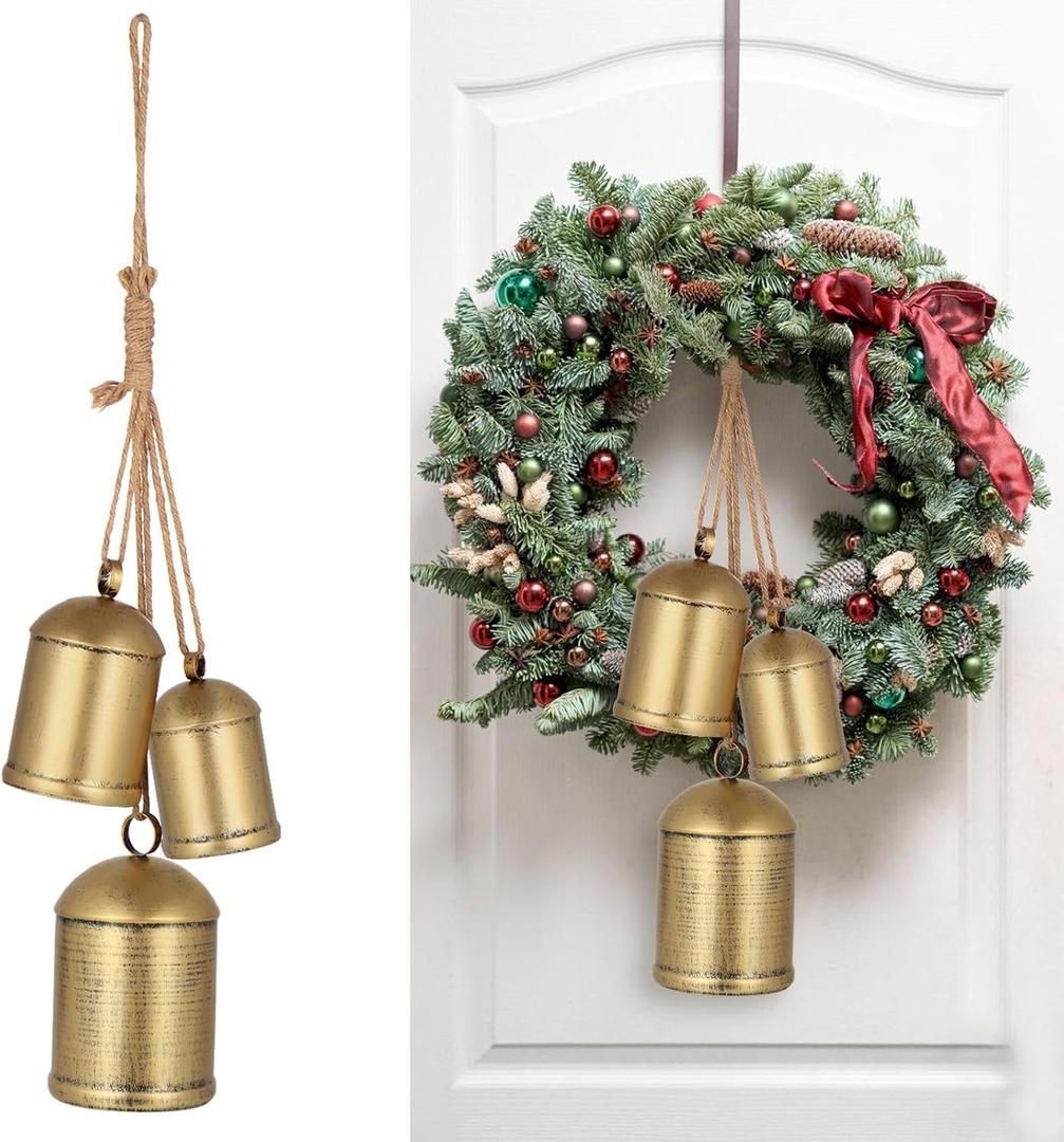 Forwe Christmas Bells Vintage Gold Brass Bells on Jute Rope Rustic Christmas Decoration(Gold)