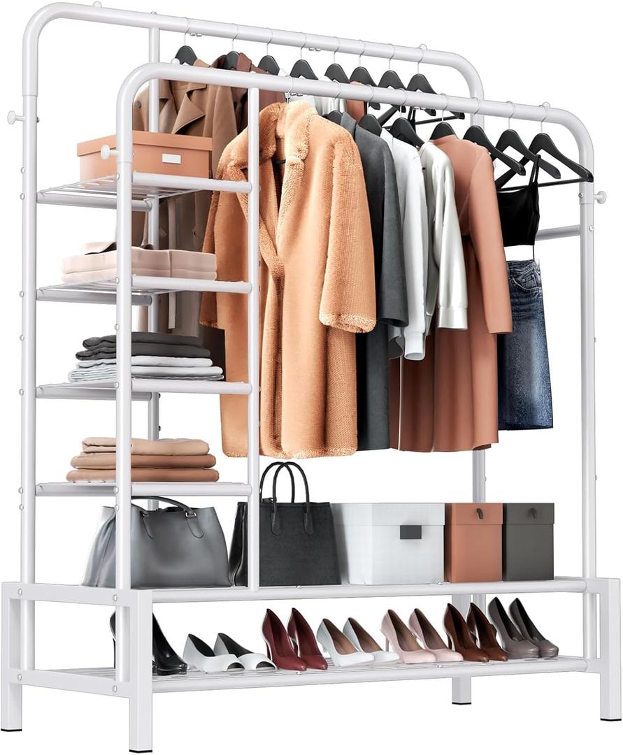 Clothes Rack, Double Rods Clothing Rack with 2 Bottom Shelves & 4 Side Shelves, Metal Garment Rack for Hanging Clothes, Heavy Duty Clothes Rack for Bedroom, Laundry, Living Room, White