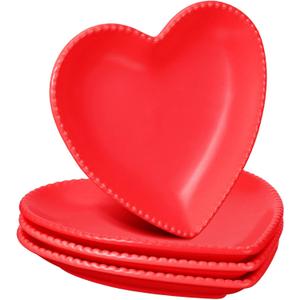 4 Set Heart Shaped Plates Ceramic Salad Cute Plate Set Steak Elegant Dinner Dish 6.9 Inch Dessert Tray Serving Dish Dessert Appetizer Snacks for Mother's Day Anniversary Wedding(Red)