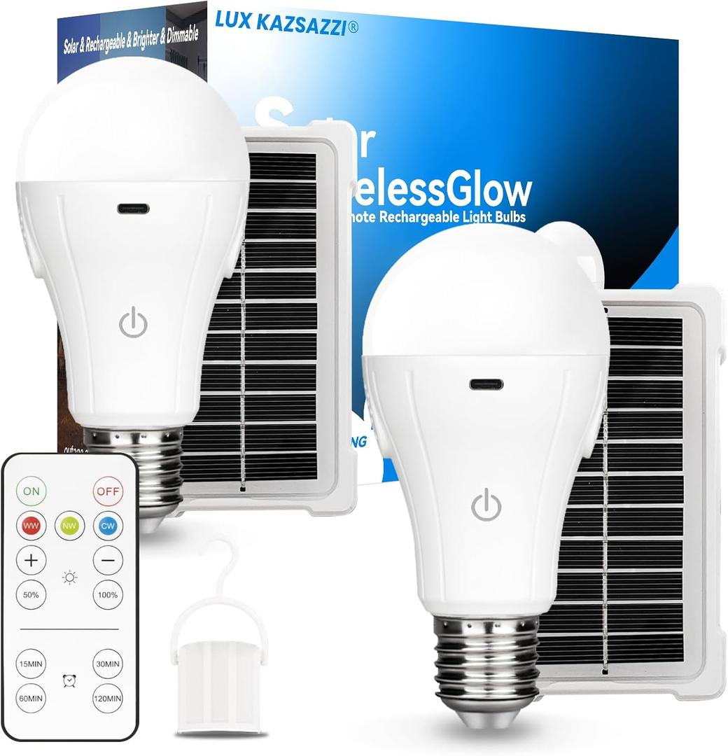 Solar & USB Rechargeable Light Bulbs With Remote + Touch Control, 3 Colors & Dimmable, Large Solar Panel 1800mAh Battery Powered Light Bulb, Battery Light Bulbs Indoor For Home Camping Shed (2 Count (Pack of 1))