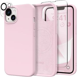 GONEZ Magnetic for iPhone 14 Case, Compatible with Magsafe, with Screen Protector + Camera Protector, Anti-Scratch Microfiber Lining, Liquid Silicone Shockproof Protective Phone Case, Hot Pink