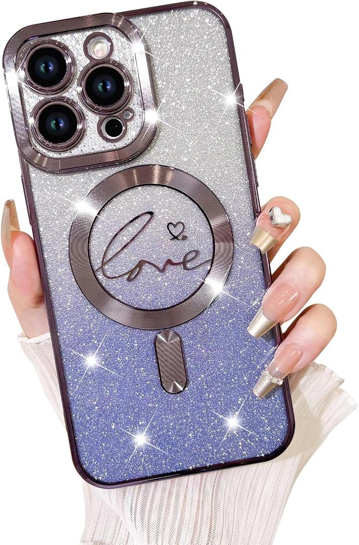 Fiyart Designed for iPhone 15 Pro Max Case,Compatible with MagSafe Love Heart Plating Camera Protection TPU Magnetic Glitter for Women Girls Shockproof Phone Bumper 6.7"-Purple