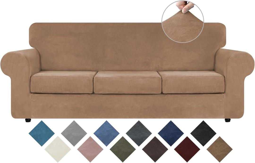 WEERRW 4 Pieces Polyester and Spandex High Stretch Couch Covers for 3 Cushion Couch Sofa Slipcovers, Furniture Protector with Non Slip Elastic Bottom, Feature Soft and Thick Plush Fabric, Camel, Large