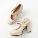 ForeMode Bow Mary Jane Shoes High Heels Closed Round Toe Pumps Leather Summer Sweet Shoe（Sand, 7.5）