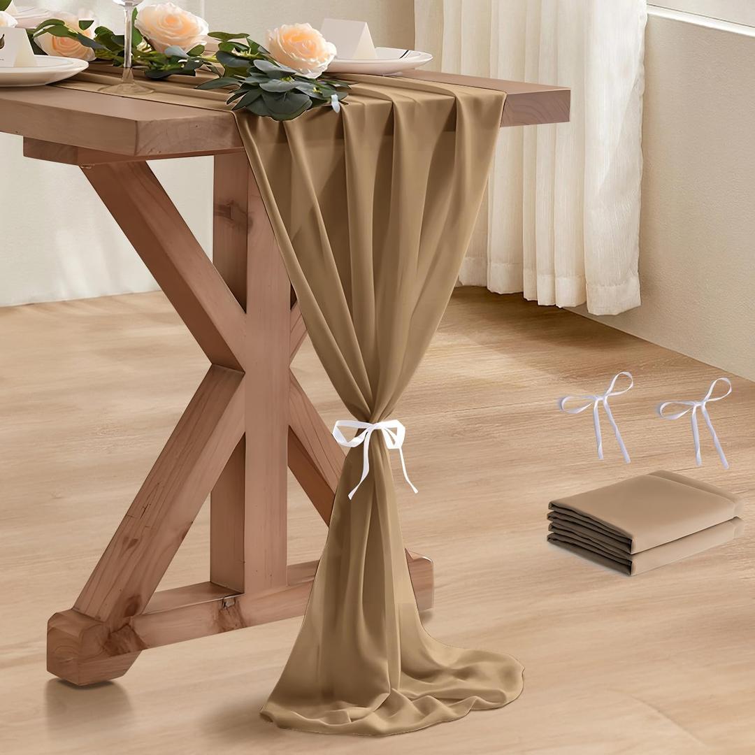 2 Pack 10 Ft Chiffon Table Runner Brown Gauze Long Table Runners 27x120 Inches Sheer Tulle Table Runner for Rustic Wedding Reception Bridal Shower Decorations Birthday Party