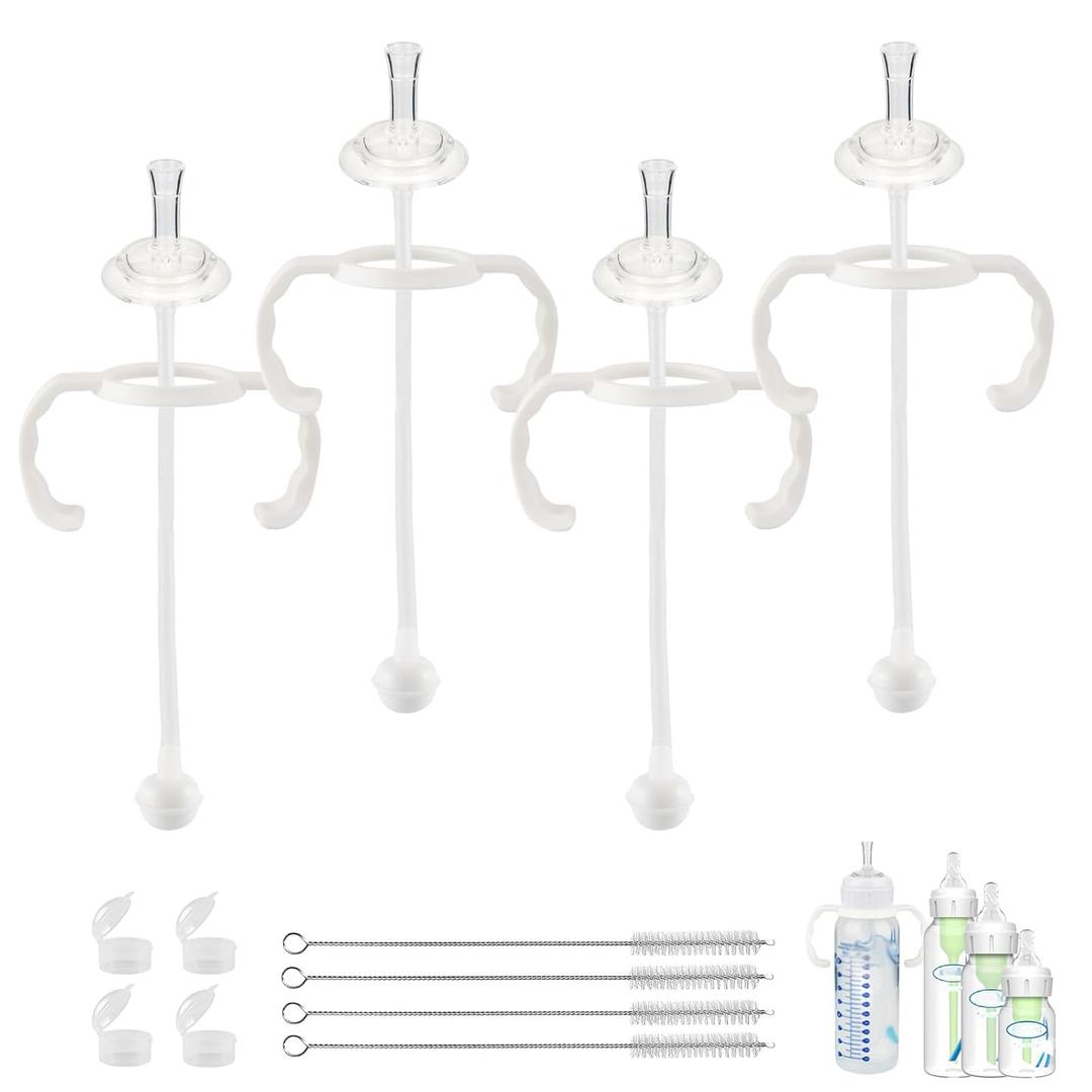 Straw Cup Conversion Kit for Dr Brown Narrow and Narrow Glass Baby Bottles, Weighted Straw Replacement with Soft Straw Top and Handle, for Babies 6+ Months, Set of 4